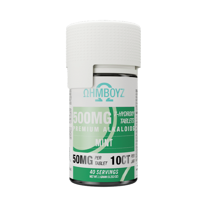OHMBOYZ 7-Hydroxy Tablets 500mg Mint on neutral backdrop