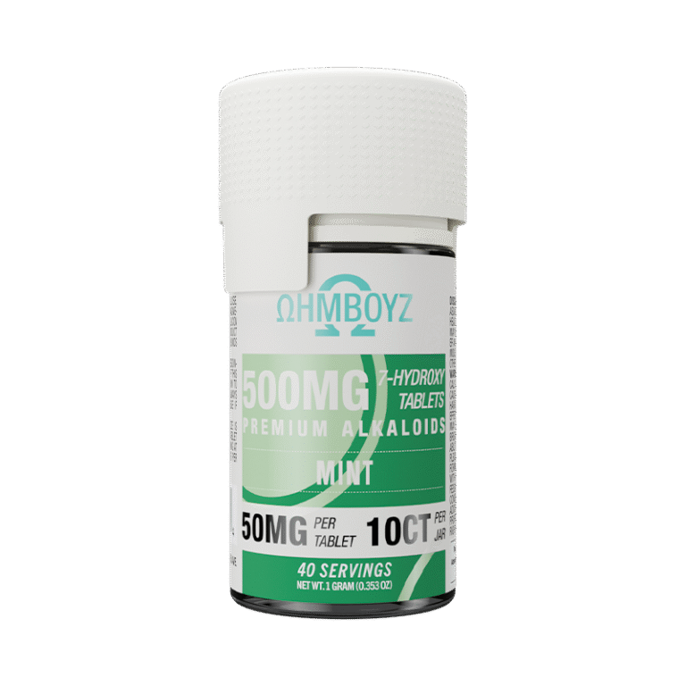 OHMBOYZ 7-Hydroxy Tablets 500mg Mint on neutral backdrop